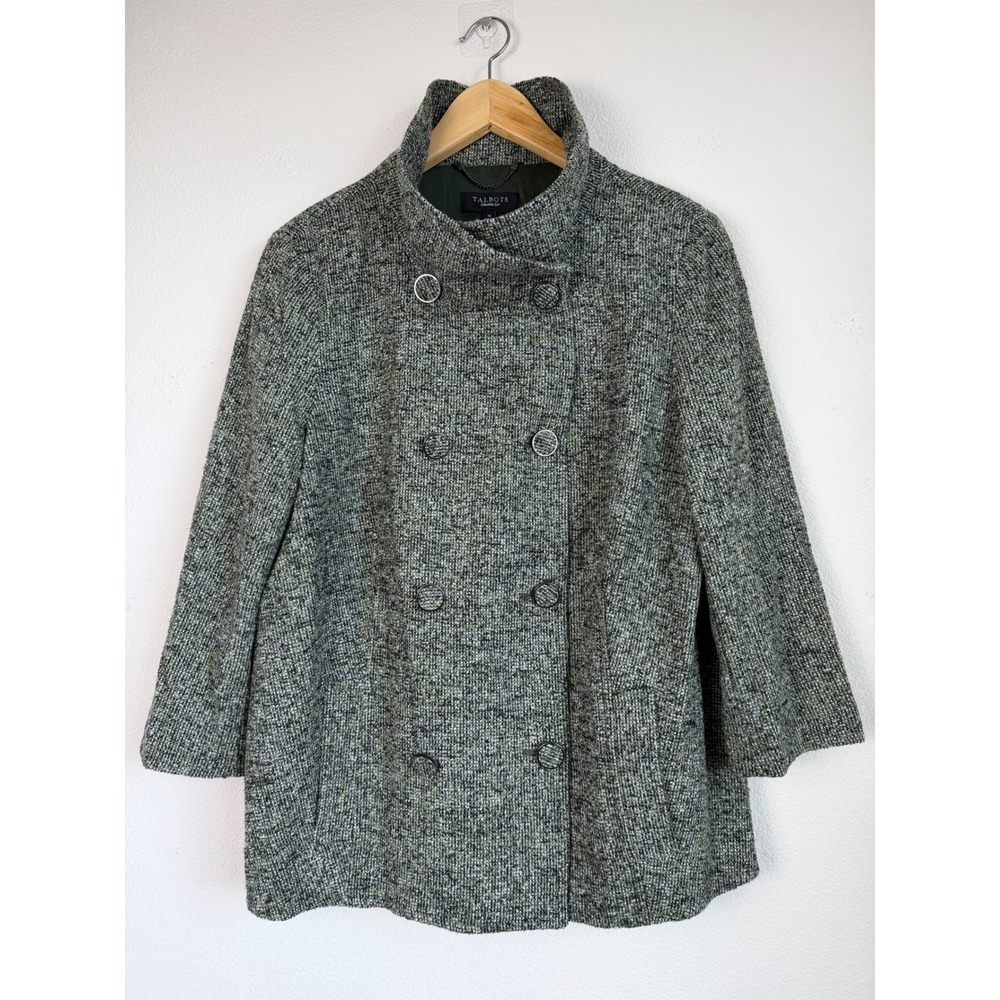Talbots Wool Blend Boucle Jacket 16 Gray Green Double Breasted Academia Career